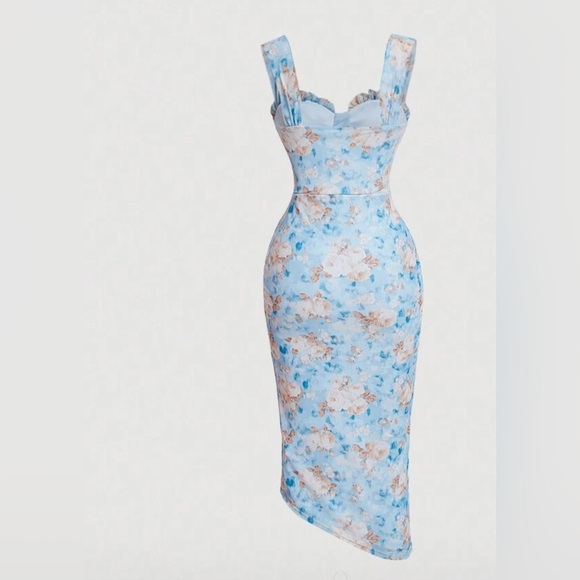 Floral Bodycon Dress Ruched Slit Sweetheart Neckline Blue Party Size S - Picture 2 of 3
